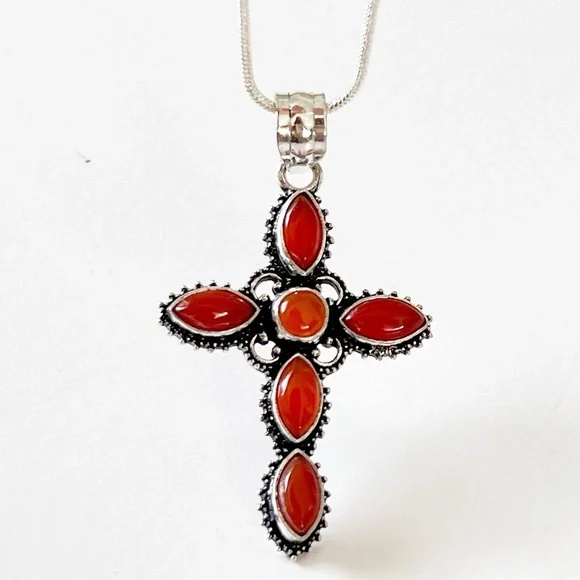 925 Sterling Silver Carnelian cross Necklace Gemstone Womens Jewelry handmade - Picture 2 of 10